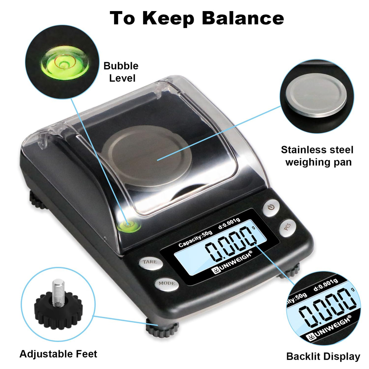 Milligram Scale Precision 0.001g/50g mg Scale for Weighing Powders