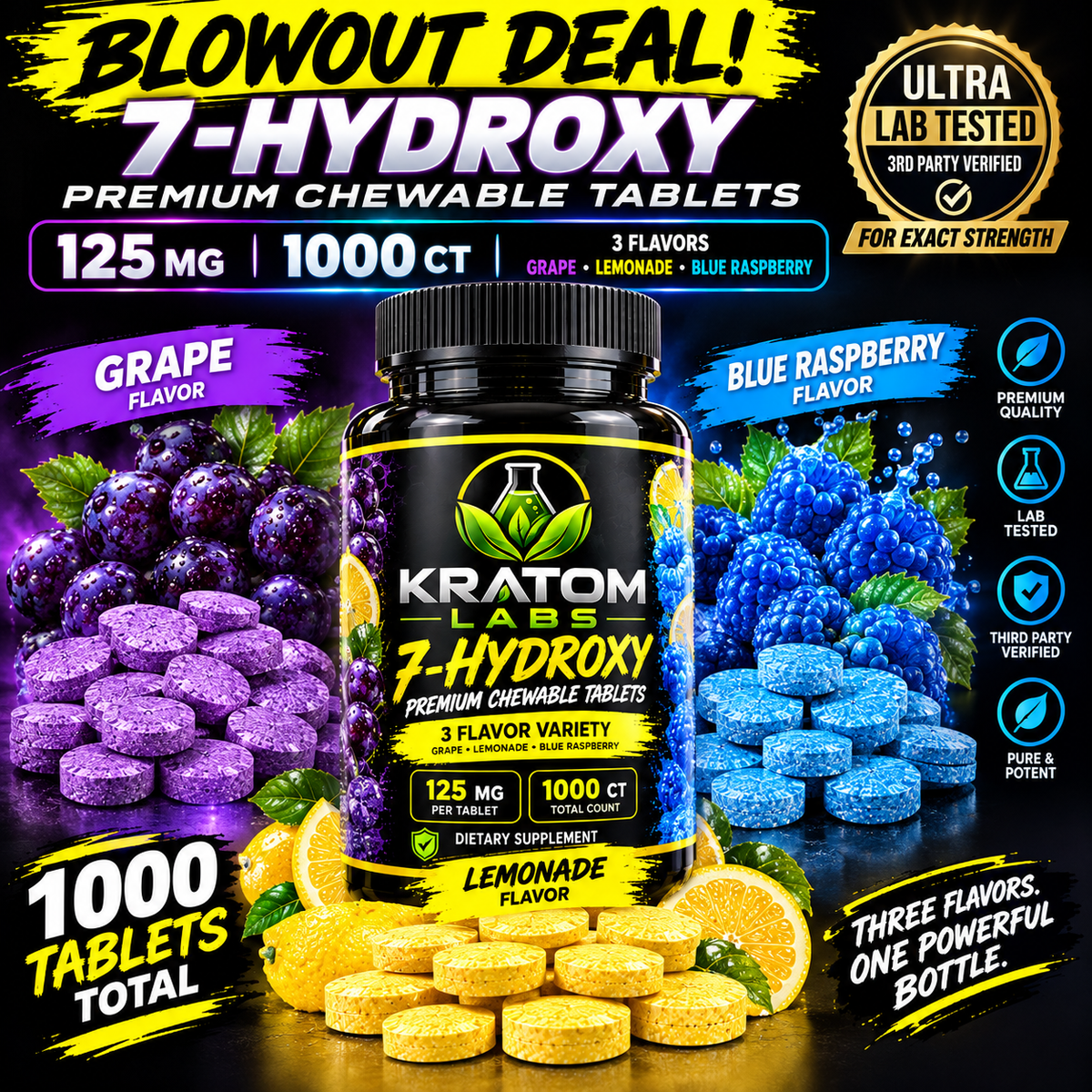 🔥 BLOWOUT DEAL! 🔥 7-HYDROXY PREMIUM CHEWABLE TABLETS — 125 MG | 1000 CT | 3 FLAVORS: GRAPE 🍇, LEMONADE 🍋 & BLUE RASPBERRY 🫐